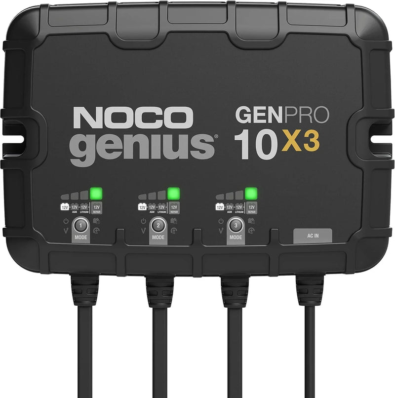 Three sets of batteries, 30-ampere built-in battery charger - Each set consists of 10-ampere, 12-volt waterproof marine charger, featuring overcharge protection and temperature compensation functions - Suitable for lead-acid batteries and lithium bat E1