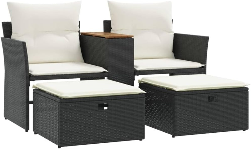 Multi-functional balcony sofa (for two people, with sunshade) - Black polyester wicker double-seat sofa, with built-in table, stool and washable cushion T7