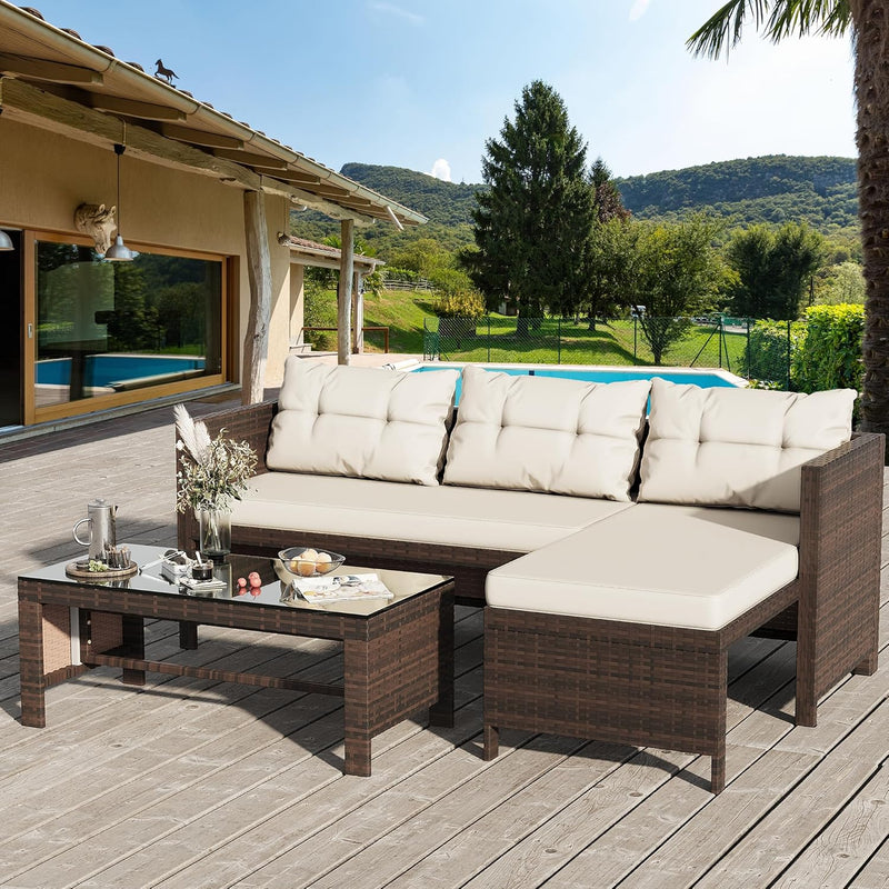 Outdoor Patio Furniture Sets, Wicker Patio sectional Sets 3-Piece, All Weather Wicker Rattan Patio Seating Sofas with Glass Coffee Table and Cushion (Beige) N1