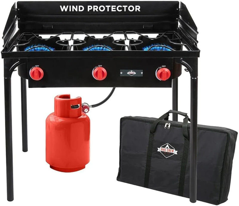 Dual-burner outdoor gas stove | 150,000 British thermal units portable propane stove, with blue flame control, detachable legs, temperature control knob, windproof panel, hose, regulator and storage box J5