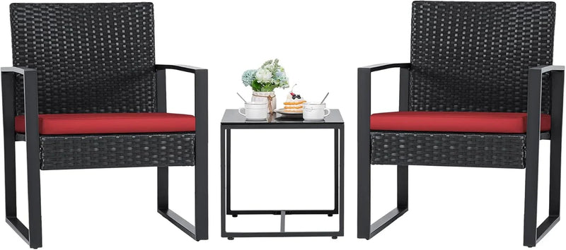 3 Pieces Patio Set Outdoor Wicker Furniture Sets Modern Rattan Chair Conversation Sets with Coffee Table for Yard and Bistro (Black) V8