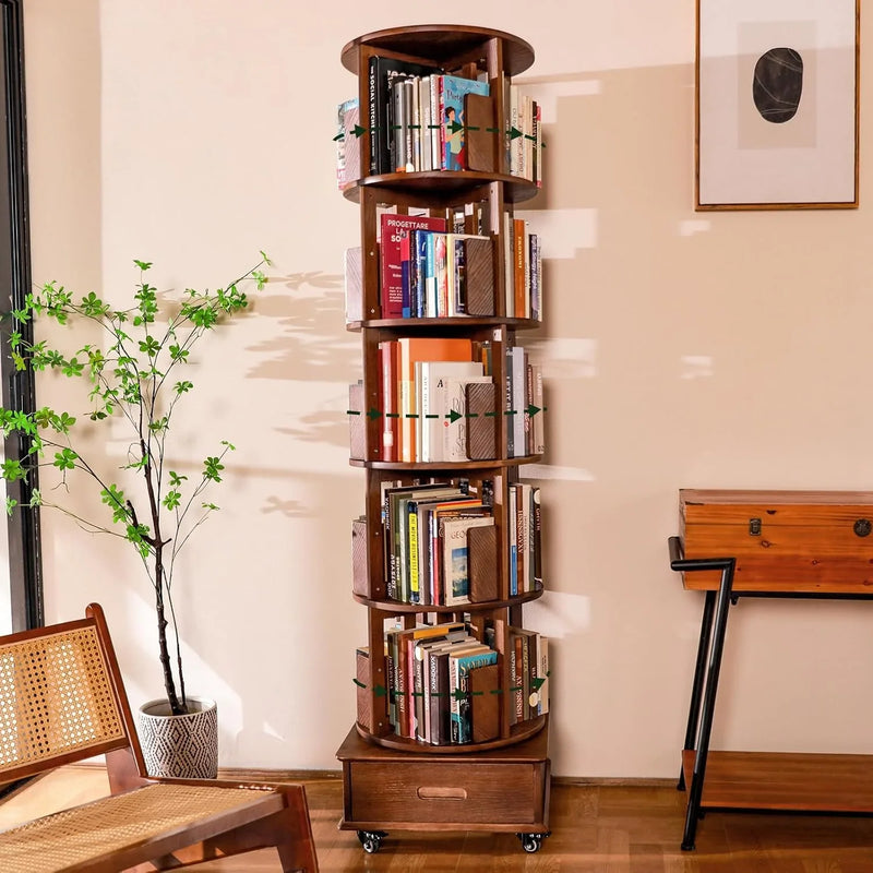 Solid wood rotating bookshelf, 360° display cabinet, with 1 drawer, rotating bookshelf tower with wheels, 72-inch high bookcase suitable for small spaces, rotating bookshelf for home office, walnut finish A7