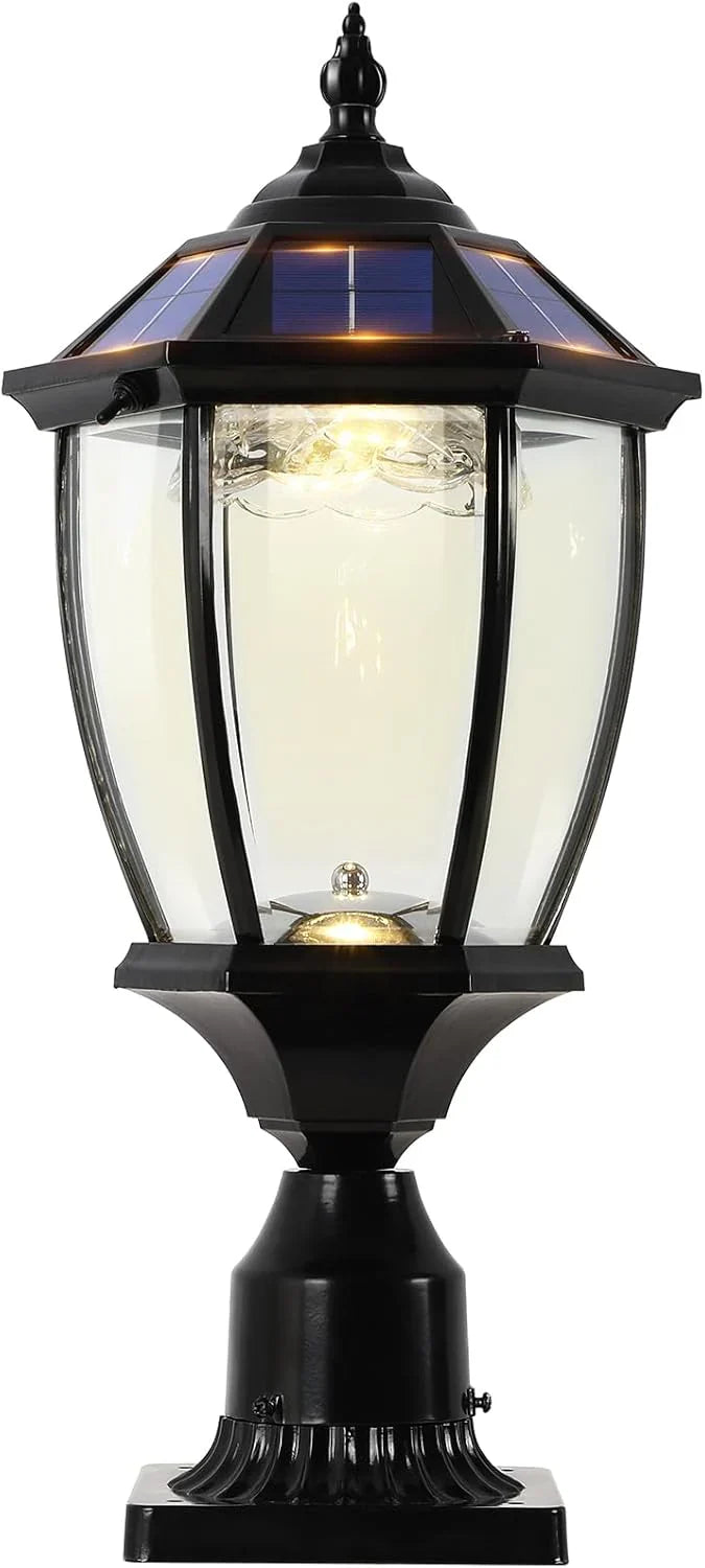 2-Heads Outdoor Solar Lamp Post Lights with Dusk to Dawn Sensor, Classic Exterior Solar Pole Lights with Waterproof, Black Street Lights with Clear Glass for Garden, Patio, Pathway, Driveway W5