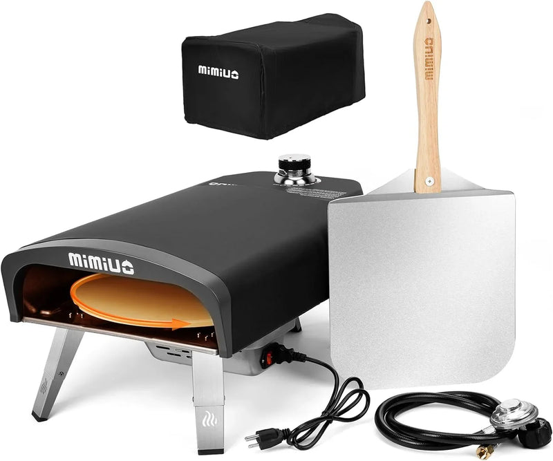 Outdoor gas pizza oven, portable propane pizza grill, equipped with an automatic rotation system and pizza stone M7