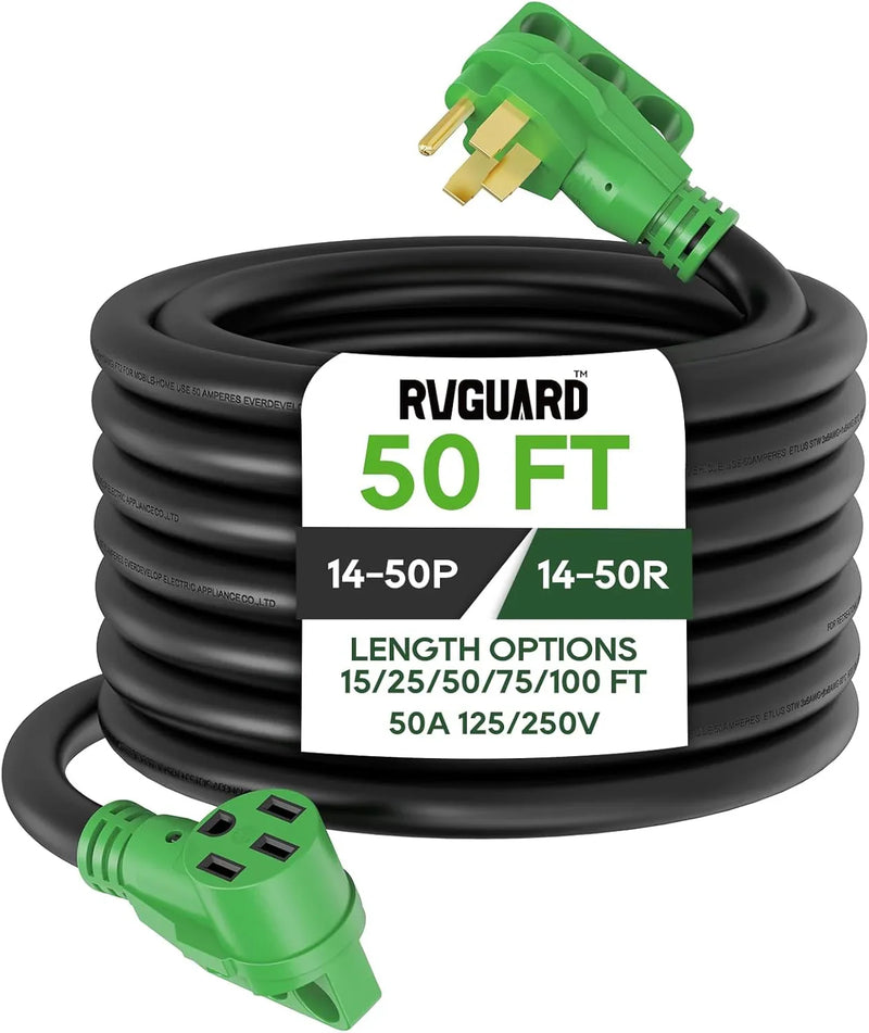 50 Amp 50 Foot RV/EV Extension Cord, NEMA 14-50P/R Heavy Duty Extension Cord with LED Power Indicator and Cord Organizer, Green, ETL Listed A2