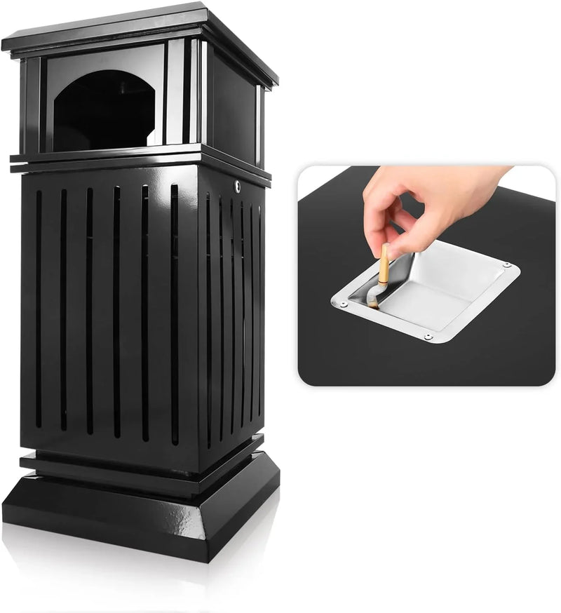 Outdoor trash bin top tray matte black stainless steel commercial waste storage box with lock cover. Heavy-duty industrial garden garage garbage container, dimensions: 35.5 * 15.8 * 15.8 inches. Q6
