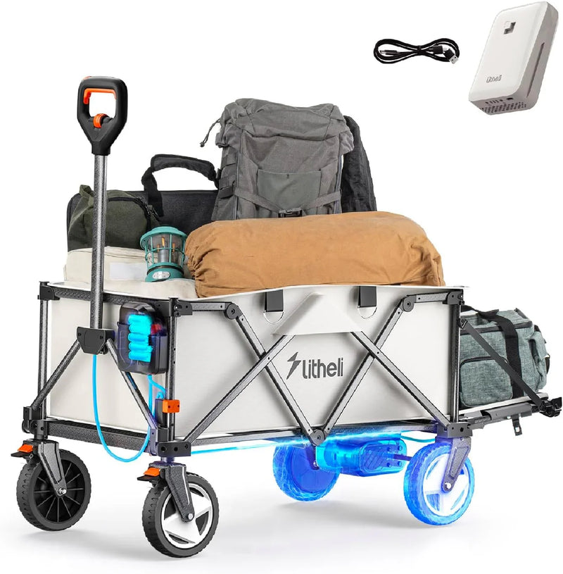 Utility truck, with a capacity of 200 liters and a load capacity of 300 pounds, featuring a foldable heavy-duty design, equipped with all-terrain wheels, featuring variable speed drive and battery power functions, suitable for camping, beaches, garde I3