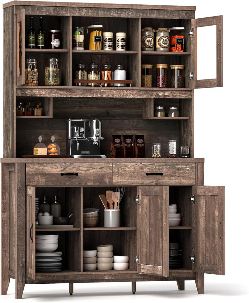 78.5-inch high kitchen cabinet storage unit, large storage cabinet with glass doors, equipped with drawers and adjustable shelves. The wooden kitchen storage unit has a microwave shelf, suitable for a home coffee bar. K0