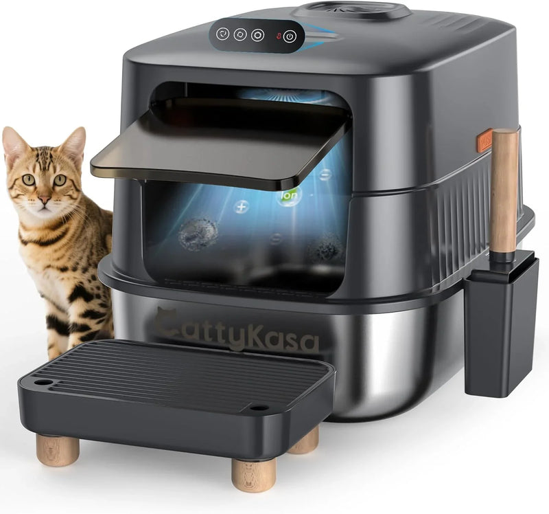 Stainless steel litter box, three-in-one enclosed high-sided litter box, equipped with a high lid, suitable for cats, anti-stick, anti-leak, easy to clean, with a scoop and filter step. C9