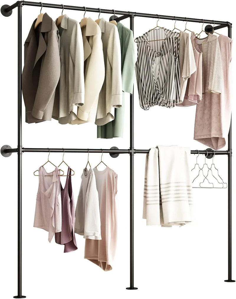Industrial-style wall-mounted pipe clothes hanger, wall-mounted clothes hanger with double hanging rods, for closet storage (gold) X1