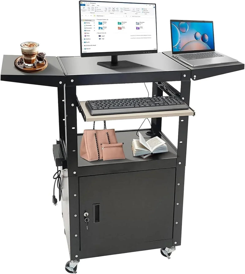 Upgraded AV Cart, Adjustable-Height Steel AV Cart with Locking Cabinet and Pullout Keyboard Tray, Rolling Media Cart with Wheels & Power for Computer Laptop Projector Printer (Black/43"x18"x43") I7