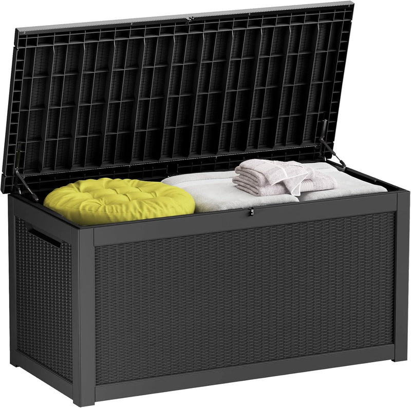 260-gallon large outdoor storage XL outdoor box, suitable for garden furniture, outdoor cushions, garden tools, sports equipment and pool supplies. Made of waterproof resin material, lockable, in gray color scheme. H9