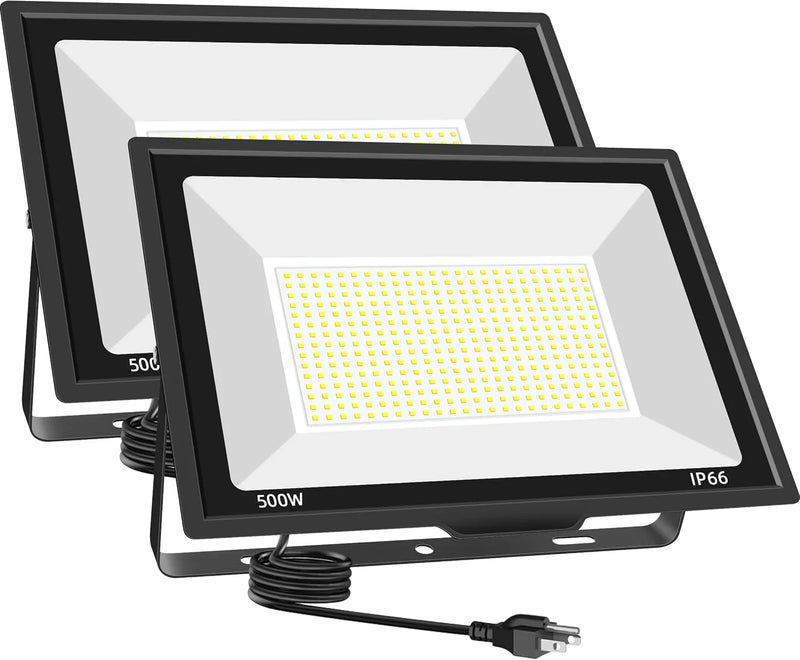 500W LED Flood Light Outdoor 2 Pack, 2000W Equivalent FloodLight with Plug, Super Bright 55000LM 5000K Daylight White IP66 Waterproof Commercial Lighting for Sports Fields,Courts,Arena,Stadium W9