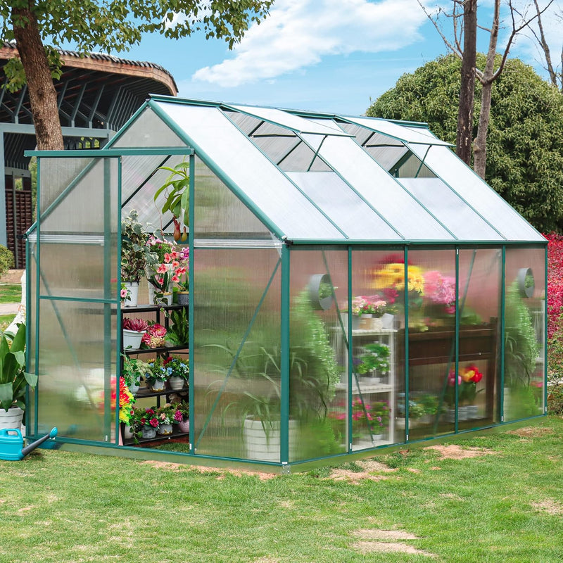 6'x10' Walk-in Greenhouse with 4mm 800G Polycarbonate Panels - Heavy-Duty Aluminum Frame, Wind/Snow Resistant for Gardening, Includes Sliding Door & Ventilation Windows (Green) R4