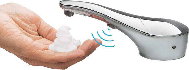 Automatic liquid soap dispenser, with a top-mounted contactless soap nozzle, capacity 34 ounces (1.0 liters), can be placed on the countertop of a public restroom, installation diameter 1-3/8 inches, chrome surface treatment. U9