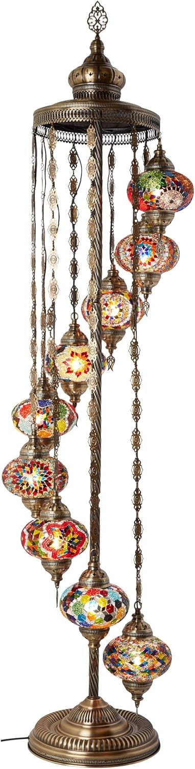 Turkish Moroccan mosaic floor lamp, with 9 lampshades and 6 feet in height - a Tafini-style standing decorative Bohemian-style lamp, equipped with colored lampshades, suitable for bedrooms, living rooms, and entrances - handmade in Turkey, available U2