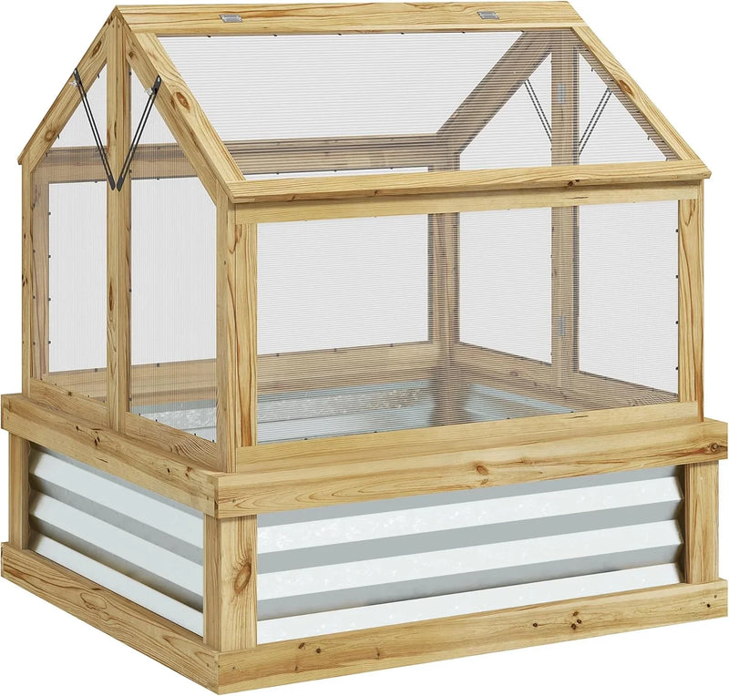 Raised Garden Bed with Polycarbonate Greenhouse, Wooden Cold Frame Greenhouse, Garden Flower Planter Protection, Peak Roof, 35.5" x 31.5" x 36", Natural V3
