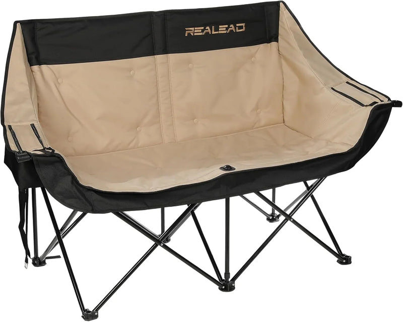 Double camping chair - Large-sized adult camping couple seat cushion suitable for two people. 650 pounds load-bearing capacity - Heavy-duty foldable camping chair, equipped with a cooling bag, suitable for outdoor activities and beach use. X6