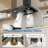 Wall-mounted black kitchen exhaust hood, 30 inches, 900 cubic feet per minute, built-in exhaust duct, three-speed exhaust fan, gesture/touch control, timer function, two baffles filters, stainless steel stove exhaust hood