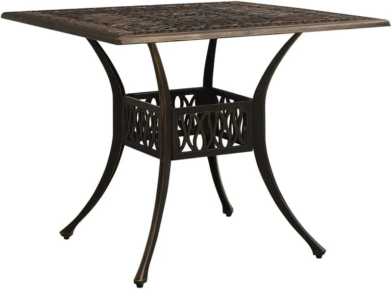 Bronze terrace table, made of cast aluminum, suitable for outdoor use, square design, stable and durable, with dimensions of 35.4 inches × 35.4 inches × 28.7 inches, equipped with umbrella holes, requires assembly. G4