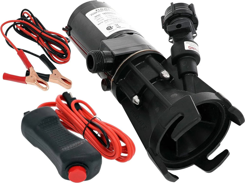 18555-000A - 12V DC waste pump, suitable for camper vans / motorhomes - Can empty a 40-gallon water tank in 5 minutes - Output flow rate 9 gallons per minute - 3/4 inch garden hose interface - Stainless steel grinder, self-priming, remote switch L3