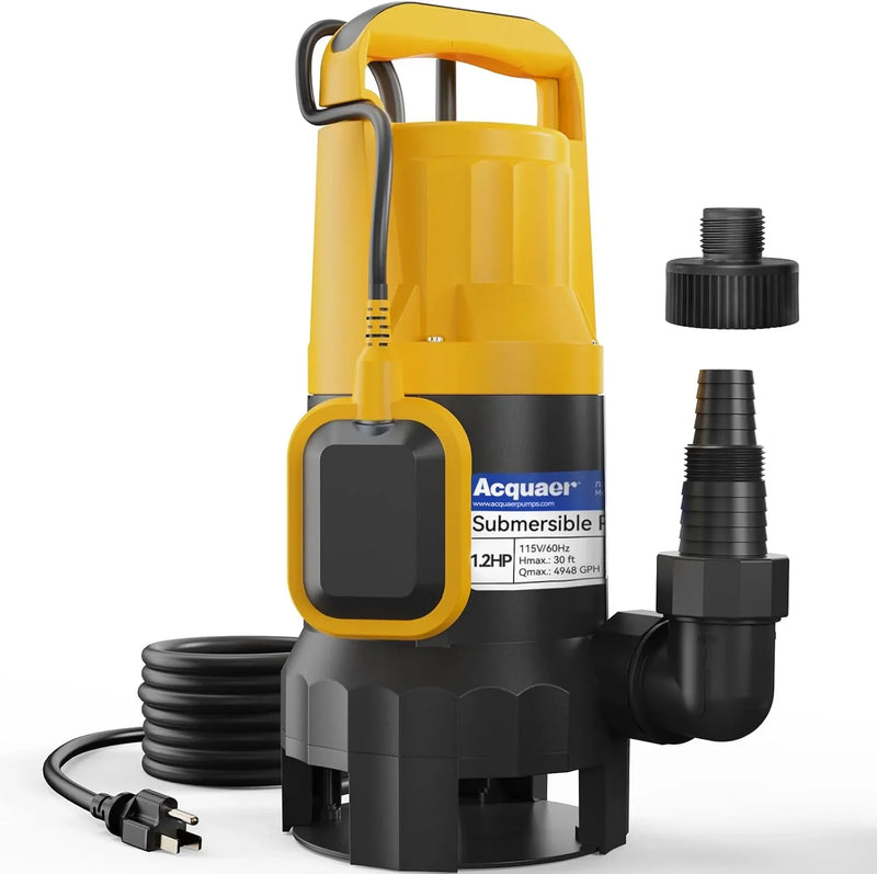 3/4HP Submersible Sewage Effluent Pump, Cast Iron, 115V 6400 GPH Automatic Tethered Float Switch, Sump Pump for Sump Basin, Basement, Residential Sewage, 2'' NPT Discharge T9