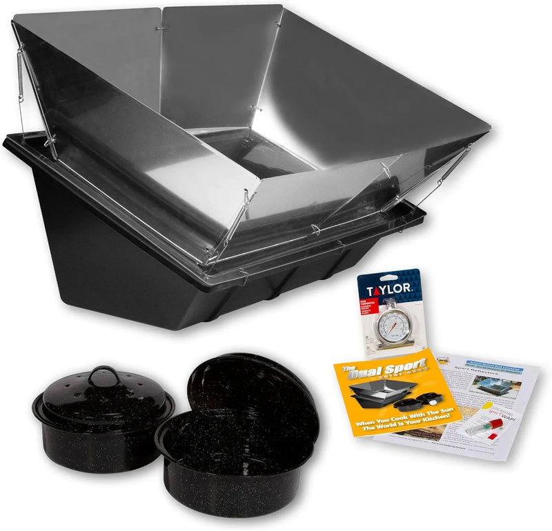 Dual Sport Solar Oven, Black, Portable Outdoor Cooking System with Reflectors, 27x17x12 Inch, 6.8 Qt Capacity, Includes 2 Pots, Thermometer, Wapi, Cookbook, and Instruction Manual E1