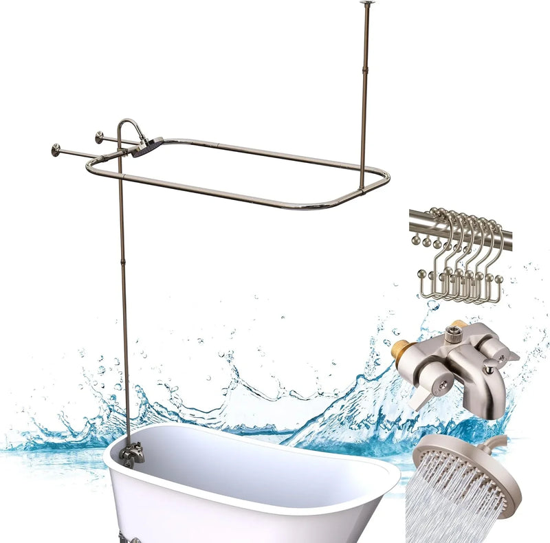 Clawfoot Tub Shower Kit, Add On Shower Units With Bathcock Diverter Faucet and 48" X 27“ Rectangular Claw foot Tub Shower Curtain Rod Kit,Claw foot Tub Shower Faucet Set,Brushed Nickel Y6