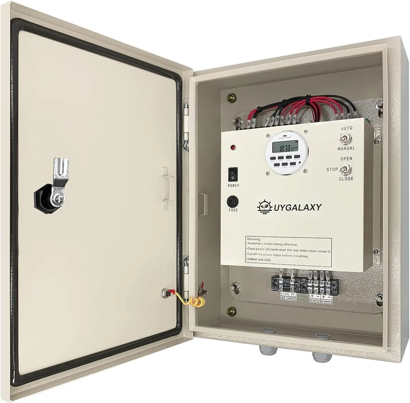 Electrically controlled timer for greenhouse roller shutters (for ventilation) uses an AC 110V to DC 24V transformer for timing control, enabling the opening or closing of the side top curtains of the greenhouse薄膜. R1