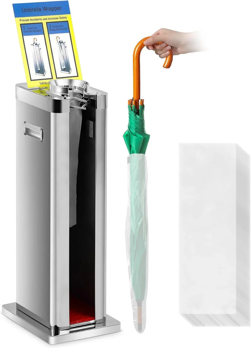 Automatic wet umbrella packaging machine, stainless steel single-slot umbrella bag distributor bracket, equipped with 1000 long umbrella bags and warning signs, suitable for commercial shopping centers, hotels, in silver color. T2