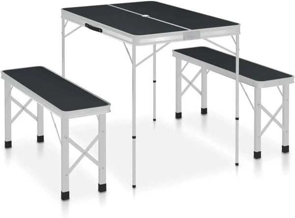 Folding Camping Table with 2 Benches Aluminium Grey,Item colourGrey and Silver O3