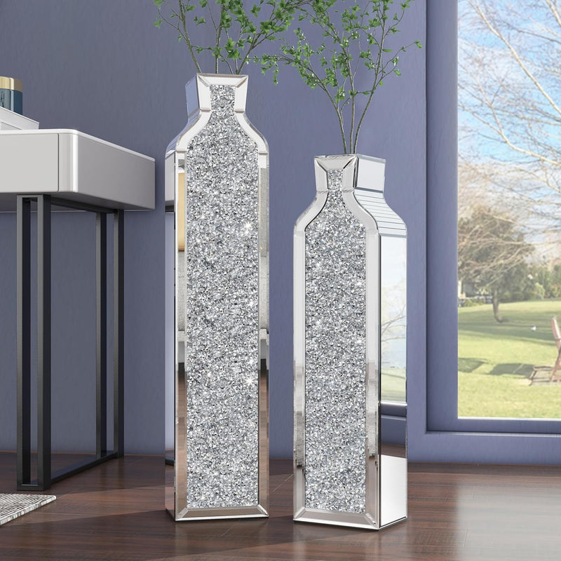 Floor vase crushing diamond reflective vase - Silver floor-style vase set (2-piece) - 24-inch and 30-inch large crystal goblet vases, suitable for living rooms, dining rooms, bedrooms, home corners, corridors, indoor offices and floors. L3