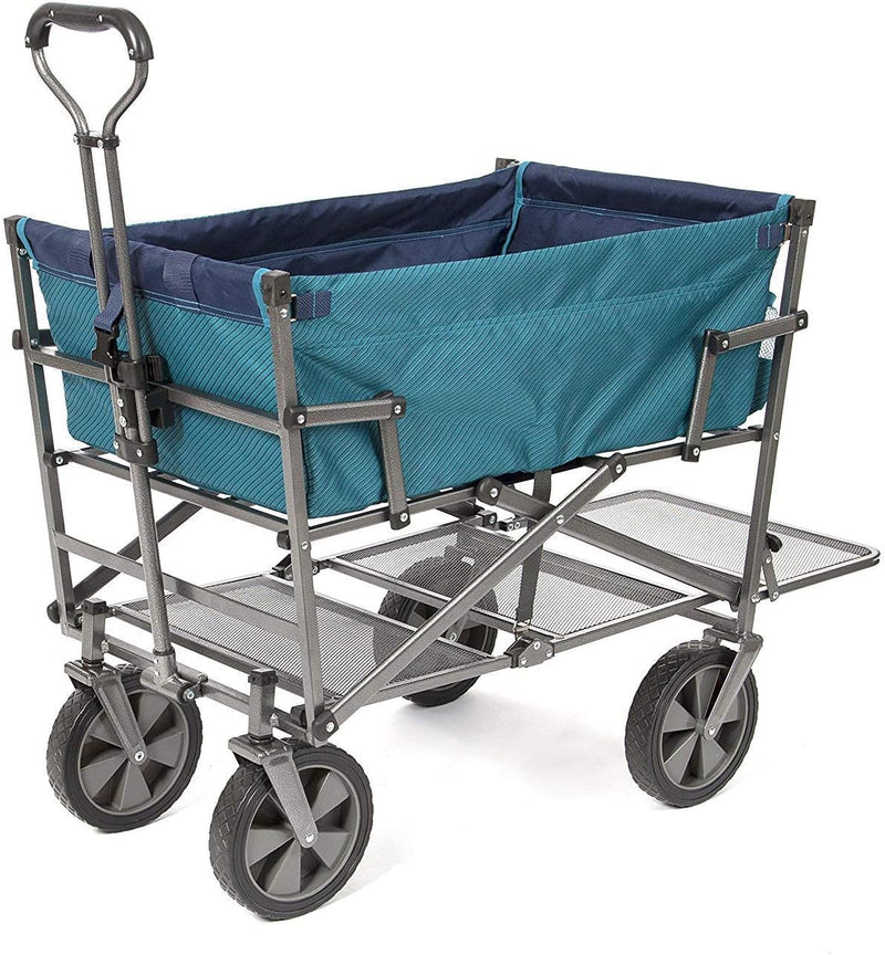 A foldable double-layer outdoor multi-functional truck, equipped with a long lower shelf, in blue-green color. K2