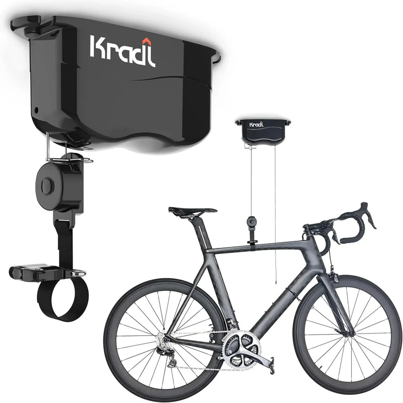 Wall-mounted bicycle lifting frame and storage rack. A bicycle storage and lifting frame that does not require electricity, nor clumsy ropes or pulleys. D2