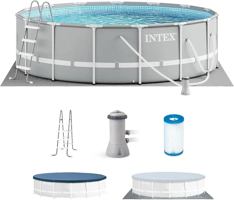 Above Ground Swimming Pool w/ Pump, Cover, & Ladder, 18' x 48", Prism Frame, Gray - Outdoor Round Family Pool w/ Filter, 42-Inch Deep Water R7
