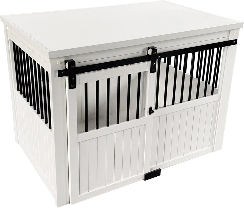 Farm sliding cowshed door furniture-style dog cage - antique white, large size. Unique style, durable and sturdy. Removable seat cushion. Easy to assemble. Q4