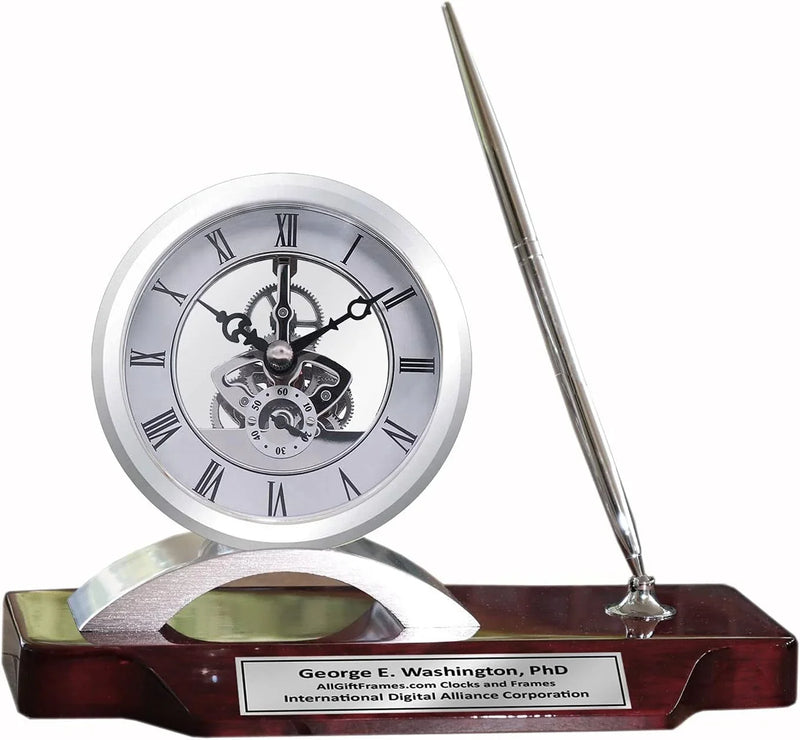 Desk clock, pen set, personalized, unique, silver clock, clear transparent case, gears, da Vinci, timepiece display, metal pen set, wooden desk stand, desk accessories, office, modern home, engraving Y9