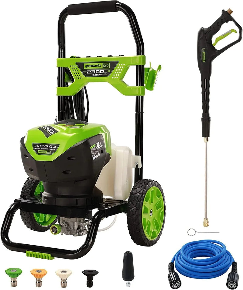 2300 pounds/square inch true brushless electric high-pressure cleaning machine (2.3 gallons/minute), 25 feet hose, quick-connect nozzle, 15°, 24°, 40° soap nozzles and turbine nozzle V0