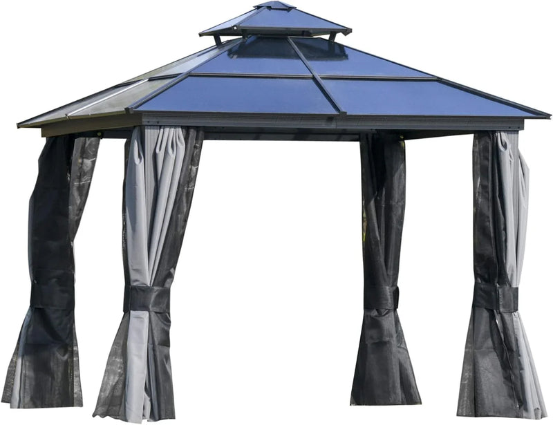 10 feet x 12 feet hard-top awning canopy, polycarbonate roof, aluminum frame, permanent outdoor awning, with net cover, suitable for patios, gardens, backyards, terraces, lawns, grasslands, light gray. T7