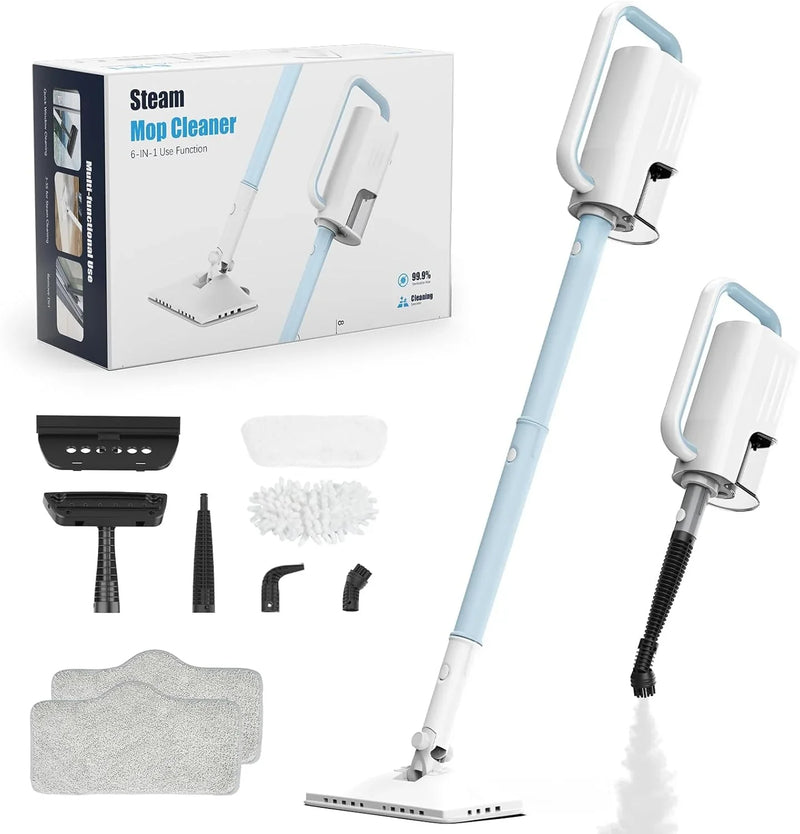 Steam Cleaner, 6 in1 Rotated Steam Mop Cleaner with 2 Modes, 2 Microfiber Pads, 400ML Removable Tank, 23FT Power Cable, Detachable Steam Mops for Floor, Laminate Floor, Tiles Cleaning (Light Blue) W6