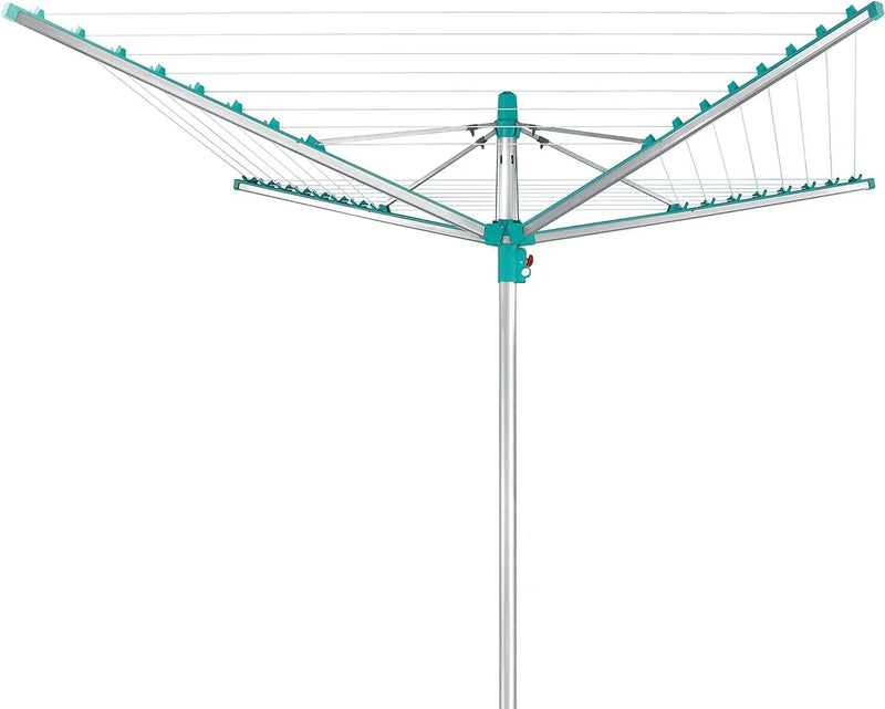Simple drying machine, extendable by 50 meters to maintain cleanliness, made of fully rust-free aluminum material, with a shaft diameter of 3.28 meters and a maximum length of 2.03 meters. It has a pull-out rotating clothes drying rack, emerald green U6