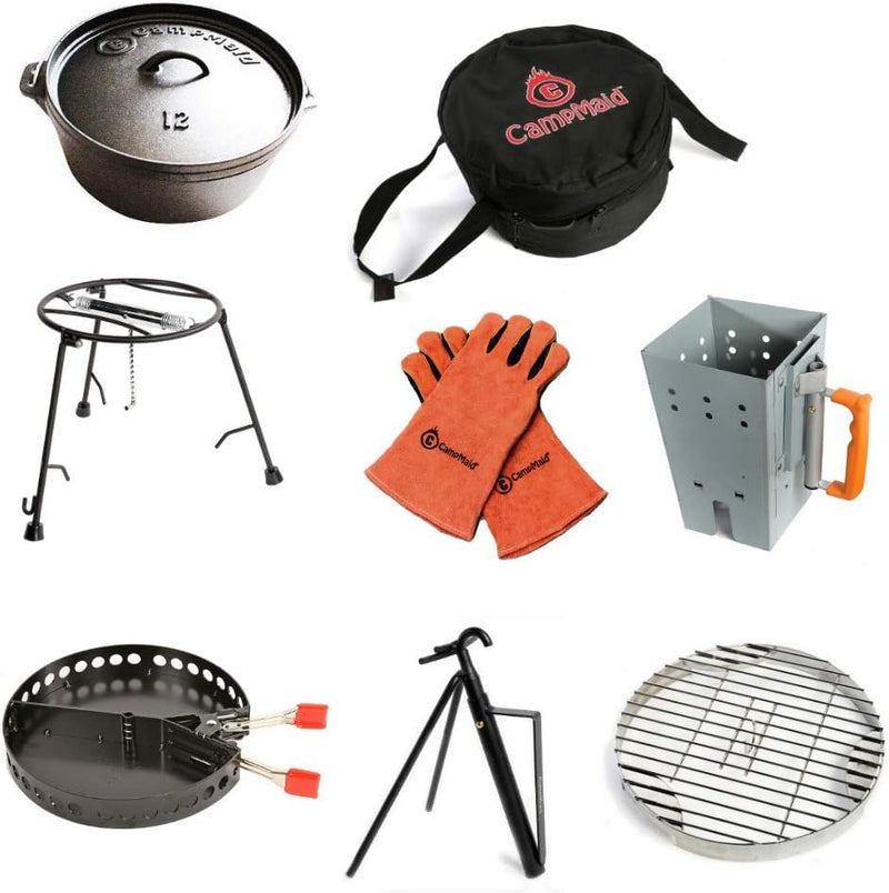Outdoor Cooking Set - Dutch Oven and Tools Set - Charcoal Holder & Cast Iron Grill Accessories - Camping Grill Set - Outdoor Cooking Essentials - Camp Kitchen Equipment - (8 Piece Set) B4