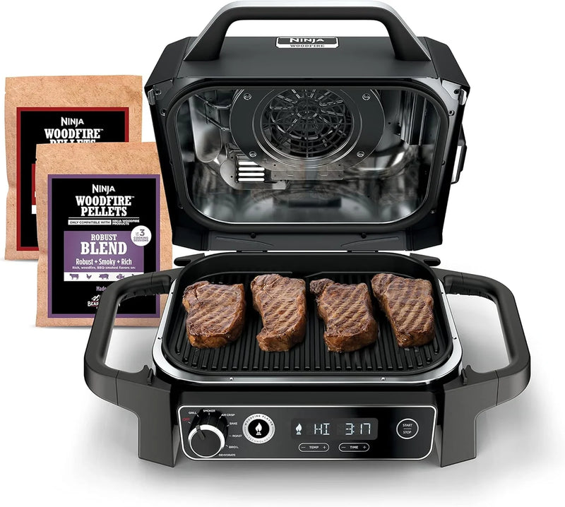 7-in-1 Multi-functional (Barbecue, Slow Roast, Bake, Air Fry, Dehydration, Grill, Smoking) | Portable and highly weather-resistant | Capable of cooking up to 6 steaks and 30 hot dogs | Includes wood pellet fuel P6