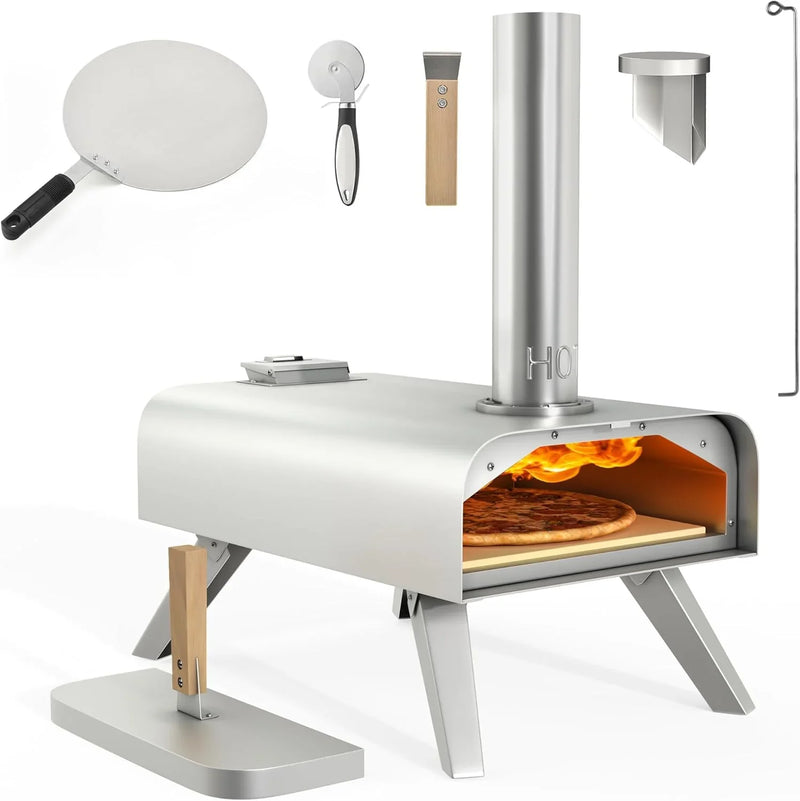 Wood-fired outdoor pizza oven, 12-inch portable pellet pizza oven, equipped with pizza tongs and pizza cutter, stainless steel silver pizza maker suitable for outdoor kitchen cooking V1