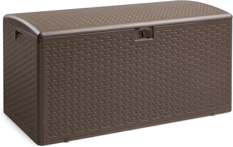 Outdoor patio storage box - 150 gallons. Loft box, waterproof and highly resistant to weather, suitable for furniture cushions and gardening tools, brown color scheme. S5