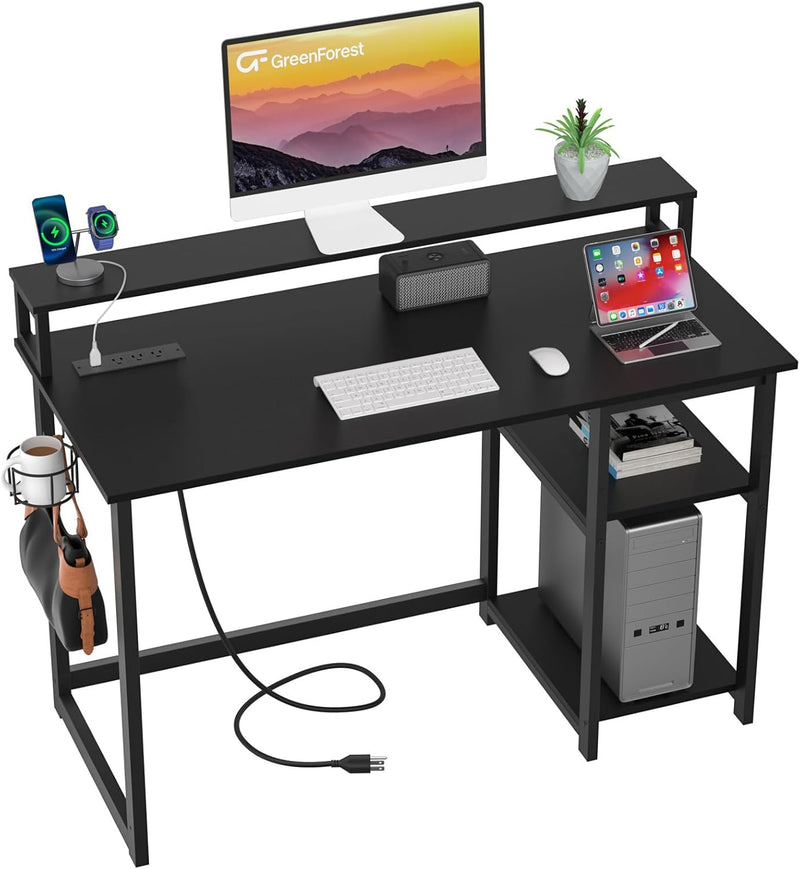 47 inch Computer Desk with Power Outlets, Small Home Office Desk with Ergonomic Monitor Stand, Reversible Gaming Desk, Modern Study Desk, Laptop Desk, White W1