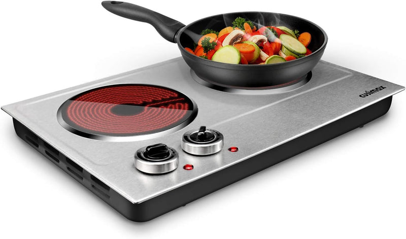 Hot Plate,1800W Ceramic Electric Hot Plate for Cooking, Dual Control Infrared Cooktop, Portable Countertop Burner, Glass Plate Electric Cooktop, Silver, Stainless Steel H5
