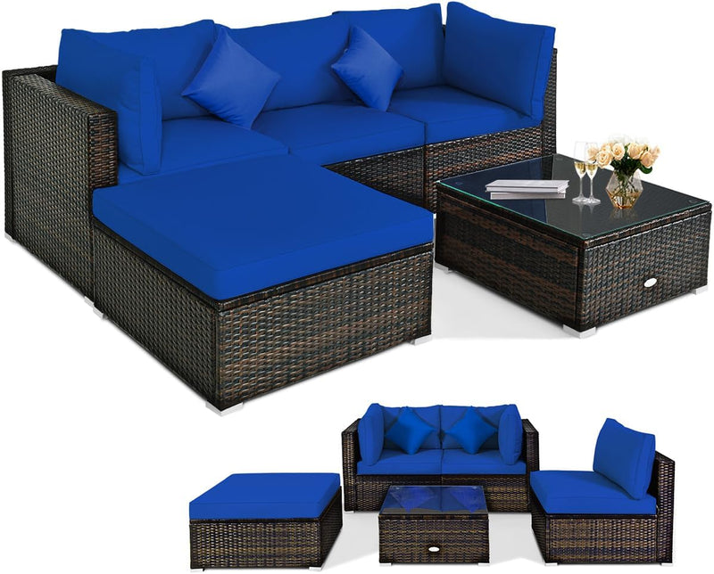 5 pieces of outdoor patio furniture, L-shaped rattan three-seater sofa with tempered glass coffee table, footstool, 3 single chairs, rattan outdoor party set, suitable for backyard, porch, balcony, black version L1