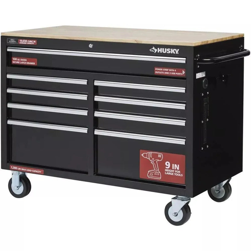 46 in. W x 24 in. D 9-Drawer Gloss Black Deep Tool Chest Mobile Workbench C8