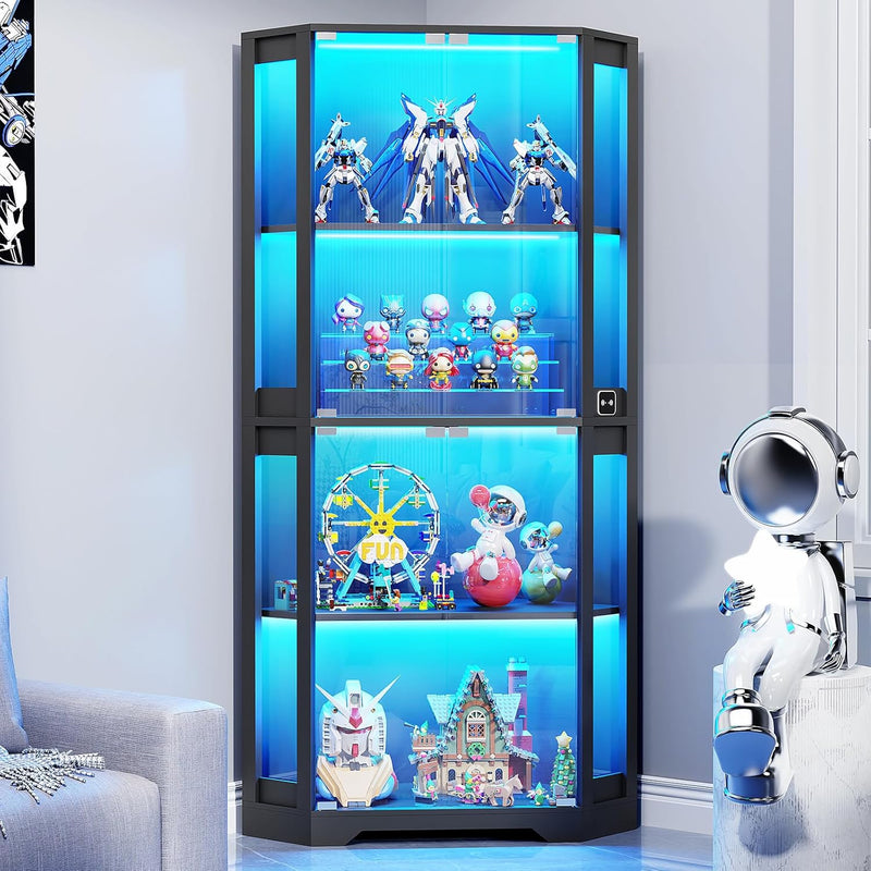 Corner Display Cabinet with Glass Doors, 65" Lighted Curio Cabinet with 3 Color Lights for Collectibles, 4-Tier Display Case Bookcase with Human Body Sensor for Toys, Books, Trophy, Black E6